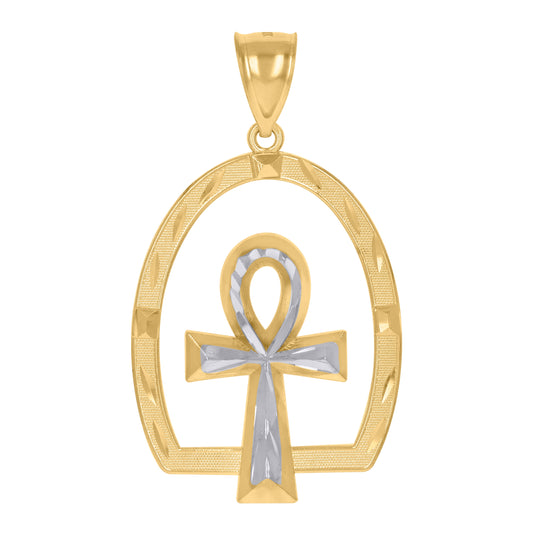 10K Two-Tone Gold Mens Women Diamond-Cut Ankh Cross Religious Charm Pendant