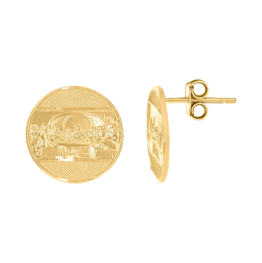 10K Yellow Gold Textured Mens Last Supper 12mm Round Religious Push Back Studs