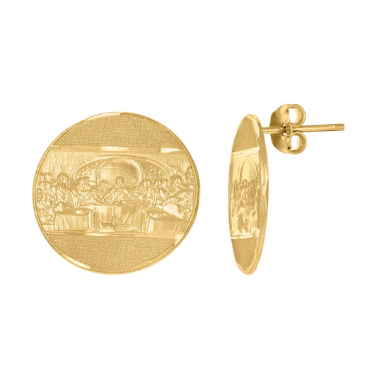 10K Yellow Gold Textured Mens Last Supper 16mm Religious Push Back Studs