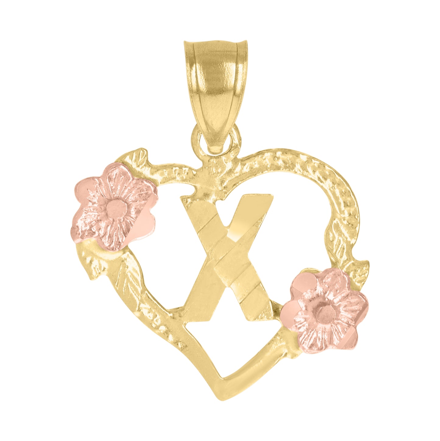 10K Two-Tone Gold Womens Heart Flower Initial Letter Charm Pendant