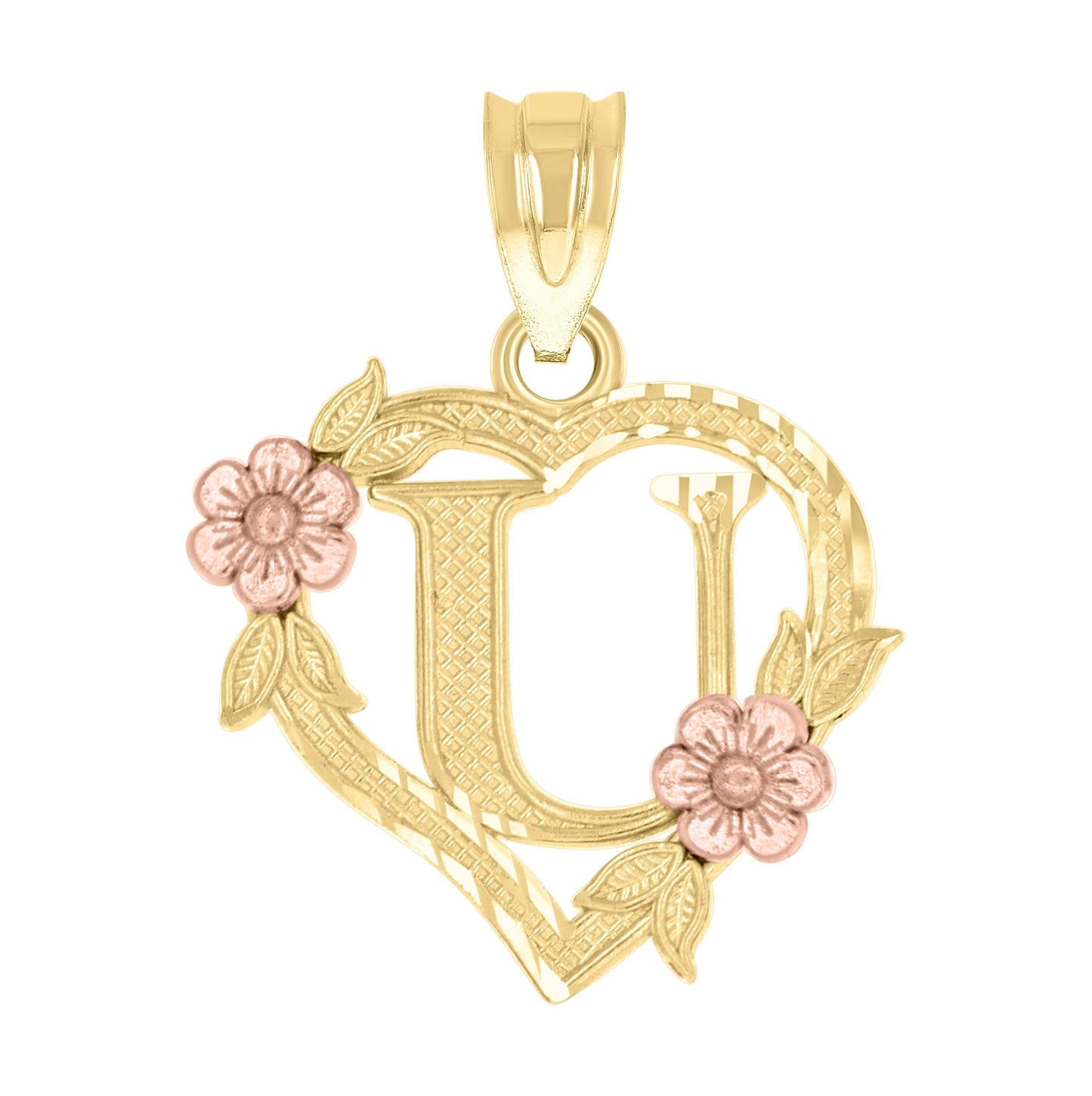 10K Two-Tone Gold Womens Heart Flower Initial Letter Charm Pendant