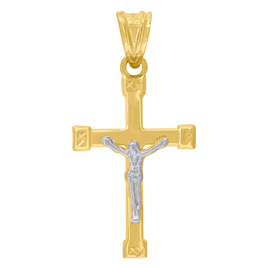 10K Gold Two-Tone Unisex Diamond-Cut Crucifix Cross Religious Charm Pendant