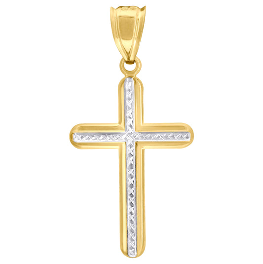 10K Two-Tone Gold Unisex Textured Cross Religious Charm Pendant