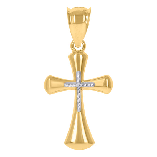 10K Gold Two-Tone Diamond-Cut Mens Cross Religious Charm Pendant