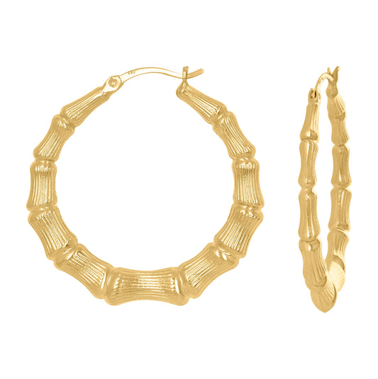 10K Yellow Gold Womens Textured Bamboo Hoop Earrings