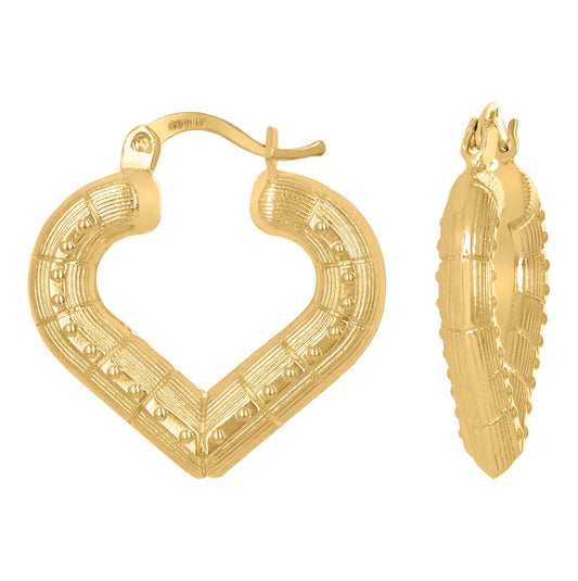 10K Yellow Gold Womens Heart Embossed Pattern 26.5mm X 25.5mm Hinged Hoops Huggies