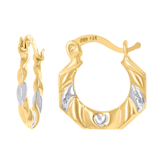 10K Gold Two-Tone Diamond-cut Womens Octagon Heart Embossed Hinged Hoops Huggies