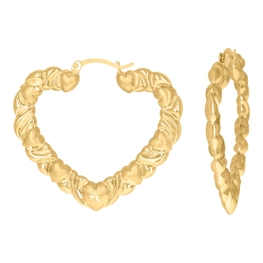 10K Yellow Gold Diamond Cut Brushed Womens Xo Hugs & Kisses Heart 47mm Hinged Hoops Huggies
