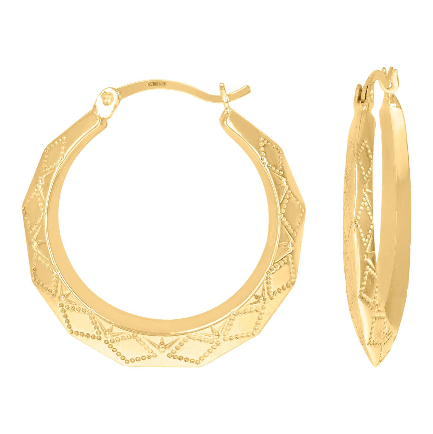 10K Yellow Gold Dc Womens Embossed Hinged Hoops Huggies