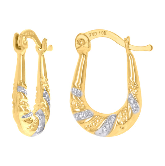 10K Gold Two-Tone Womens Shrimp 13mm X19mm Hinged Hoops Huggies