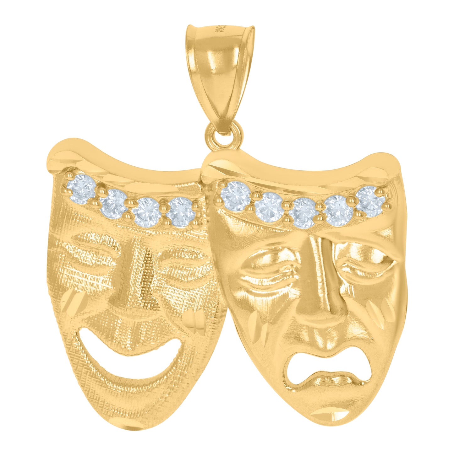 10K Two-Tone Gold Unisex Cubic Zirconia Textured Comedy Tragedy Mask Charm Pendant