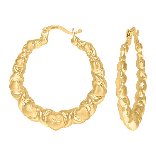 10K Yellow Gold Diamond Cut Brushed Womens Heart Xo Hugs & Kisses 35.2mm Hinged Hoops Huggies