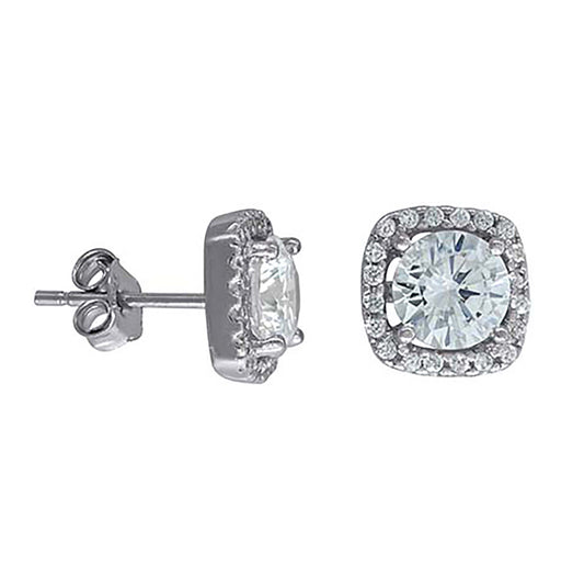 Sterling Silver Womens Cubic Zirconia Square Stud Earrings