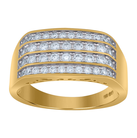 Sterling Silver Mens Cubic Zirconia Yellow-Tone Four Row Sizes 6 To 12-9.5mm Bridal Anniversary Wedding Engagement Band Ring