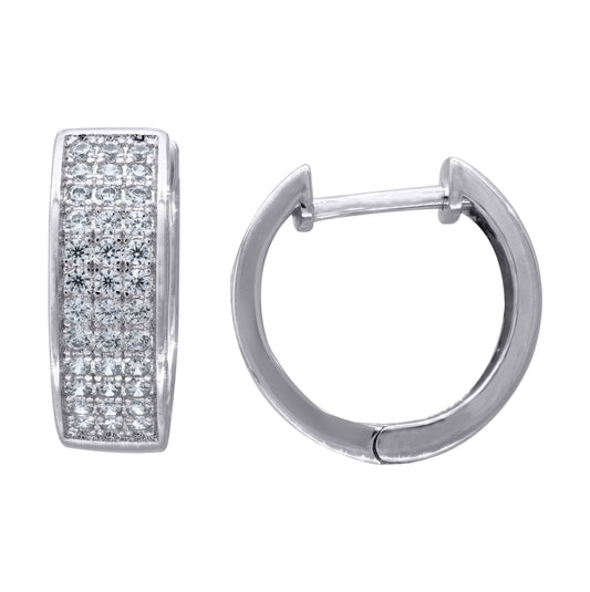 Sterling Silver Womens Cubic Zirconia Triple Row Huggie Hoop Earrings