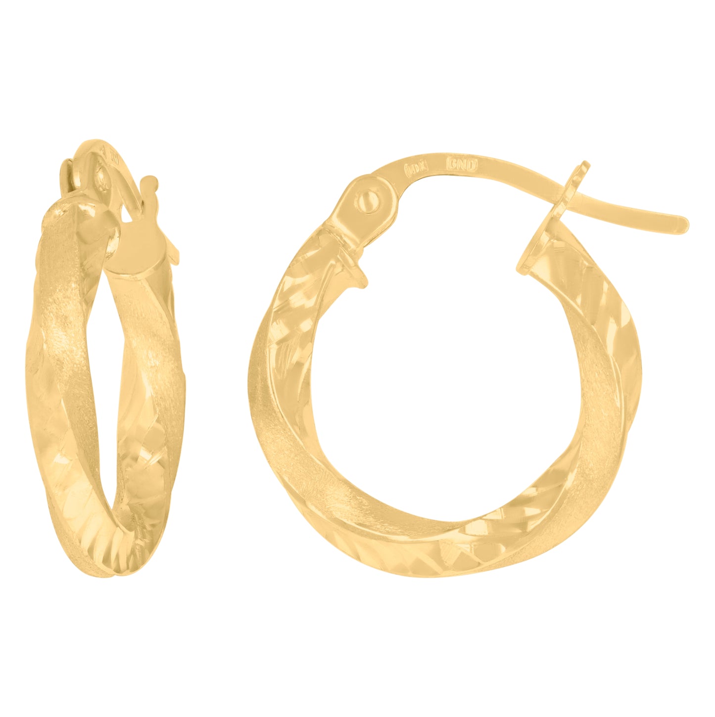 10K Yellow Gold Womens Twisted Tube Diamond-cut Brushed 2mm Hinged Hoops Huggies