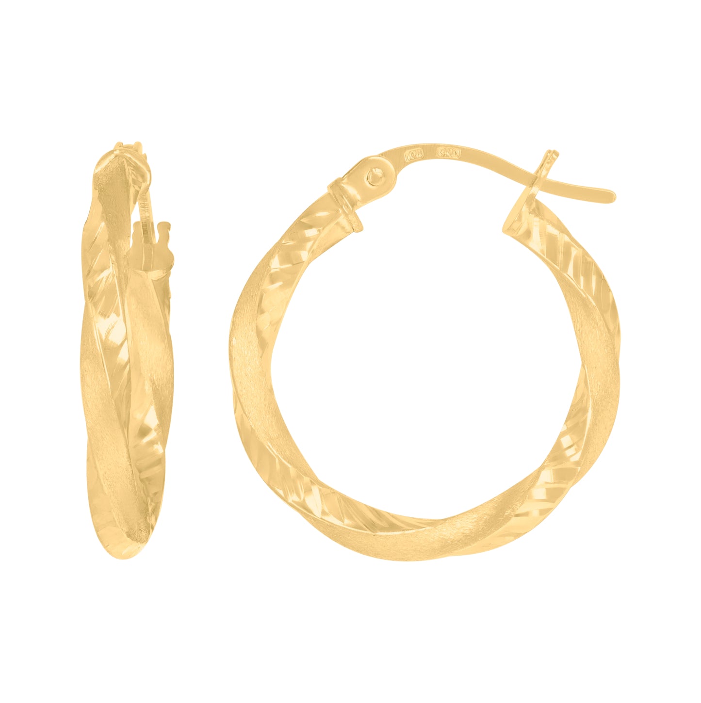 10K Yellow Gold Womens Twisted Tube Diamond-cut Brushed 2mm Hinged Hoops Huggies