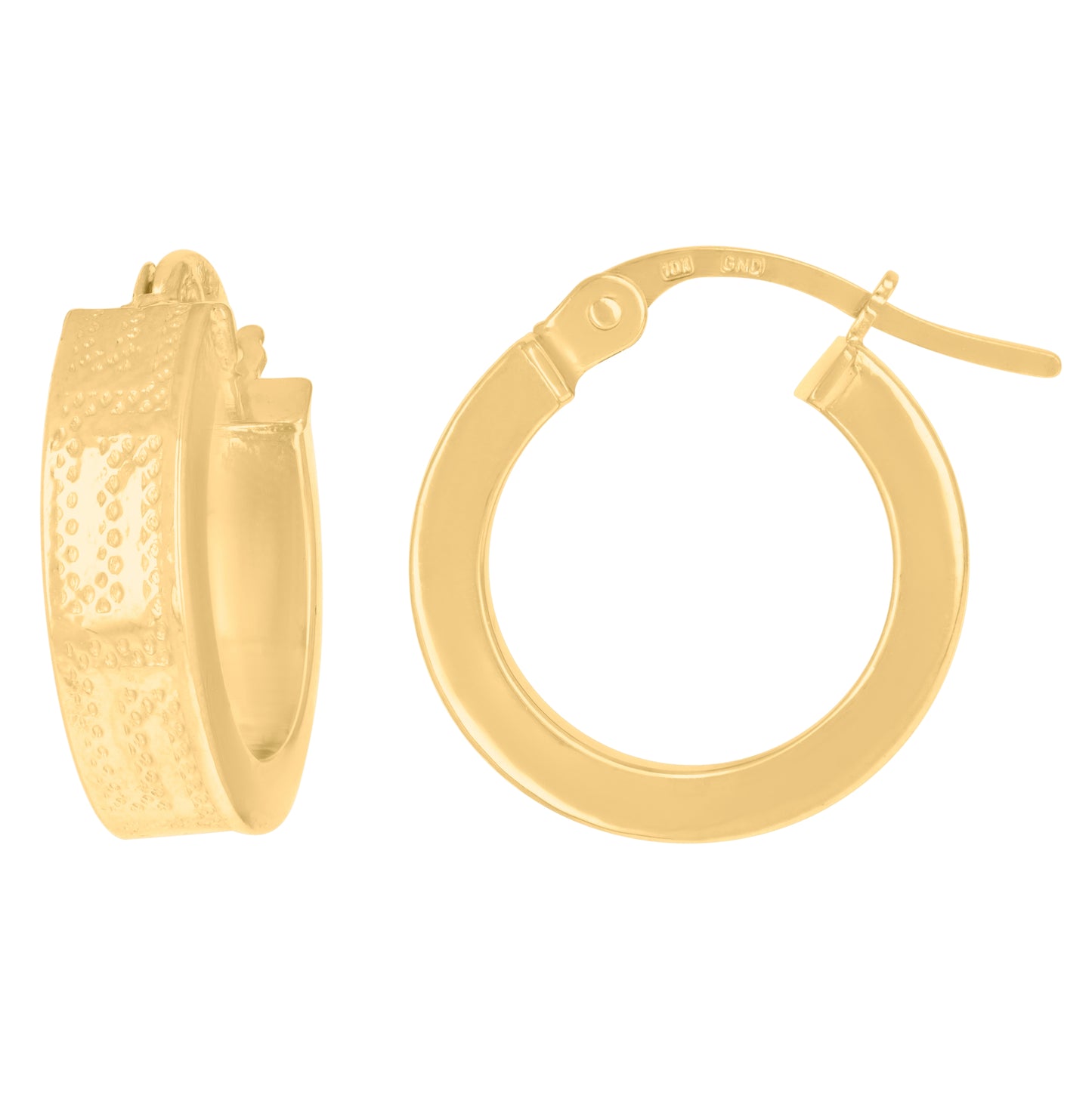 10K Yellow Gold Womens Greek Key Pattern Embossed Flat Tube Huggie Hoop Earrings