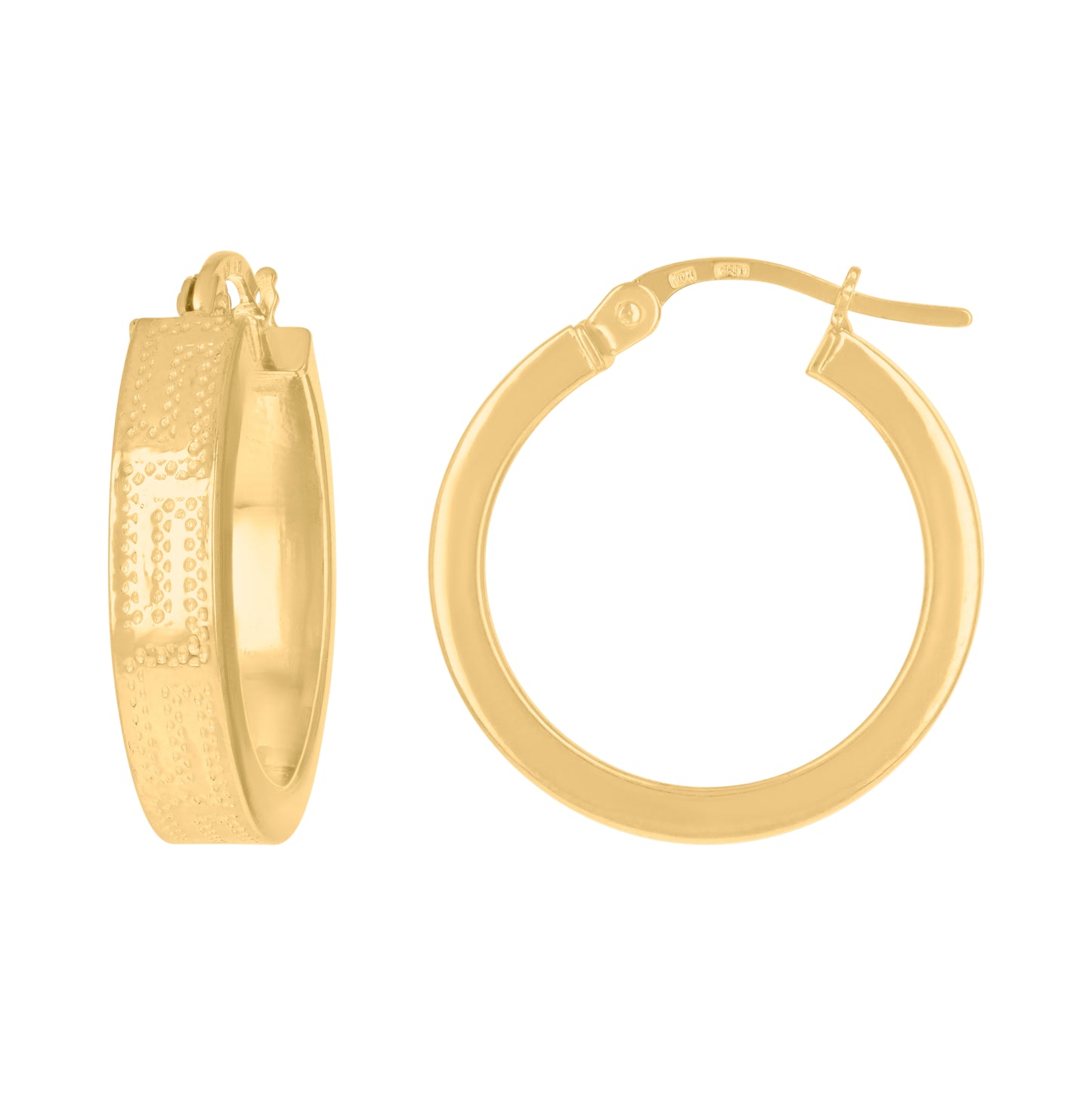 10K Yellow Gold Womens Greek Key Pattern Embossed Flat Tube Huggie Hoop Earrings