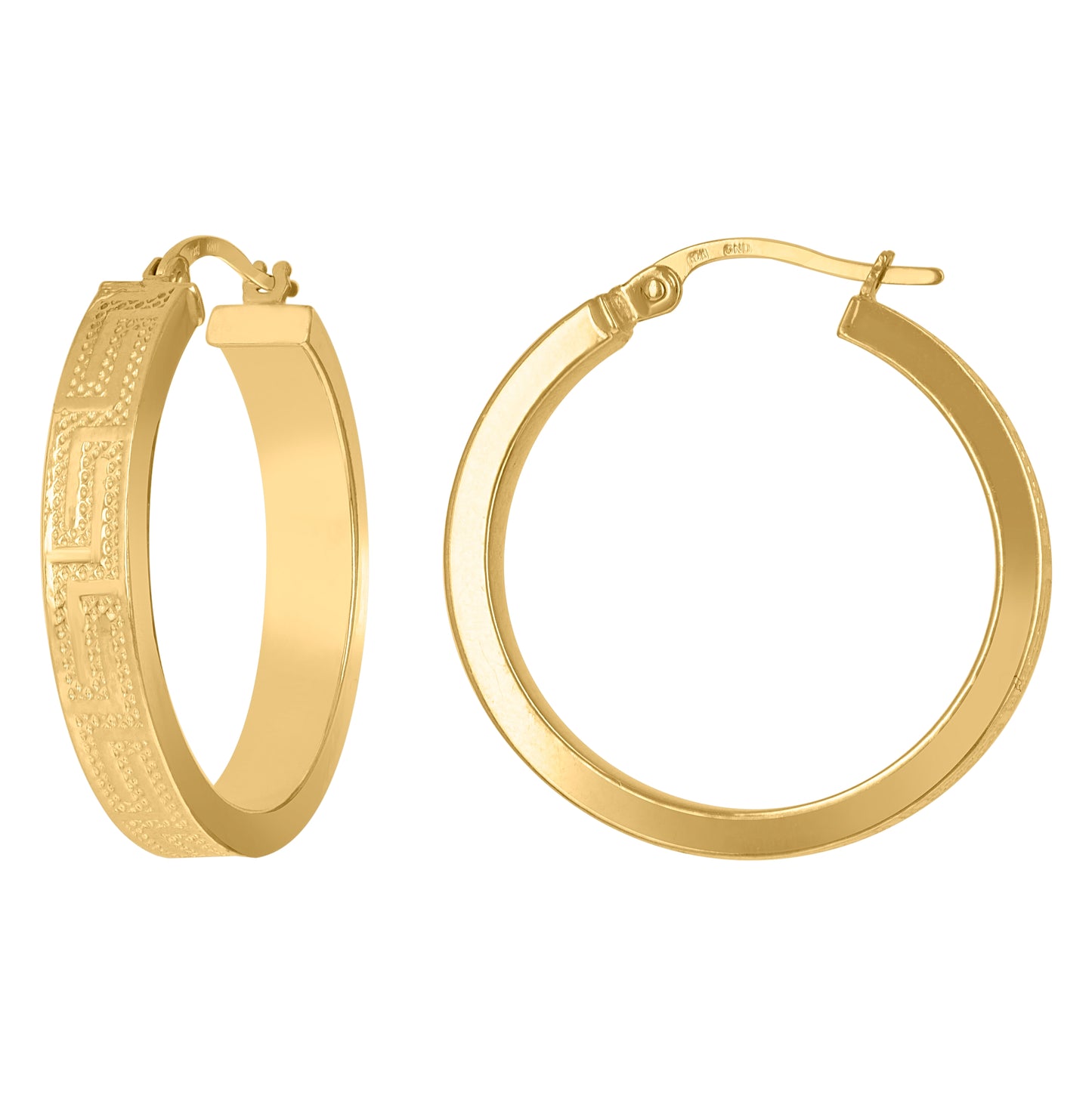 10K Yellow Gold Womens Greek Key Pattern Embossed Flat Tube Huggie Hoop Earrings