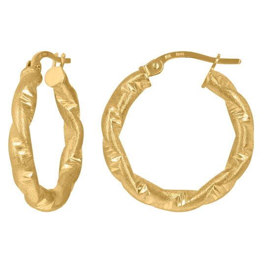 10K Yellow Gold Womens Twisted Tube Diamond-cut Brushed Hinged Hoops Huggies
