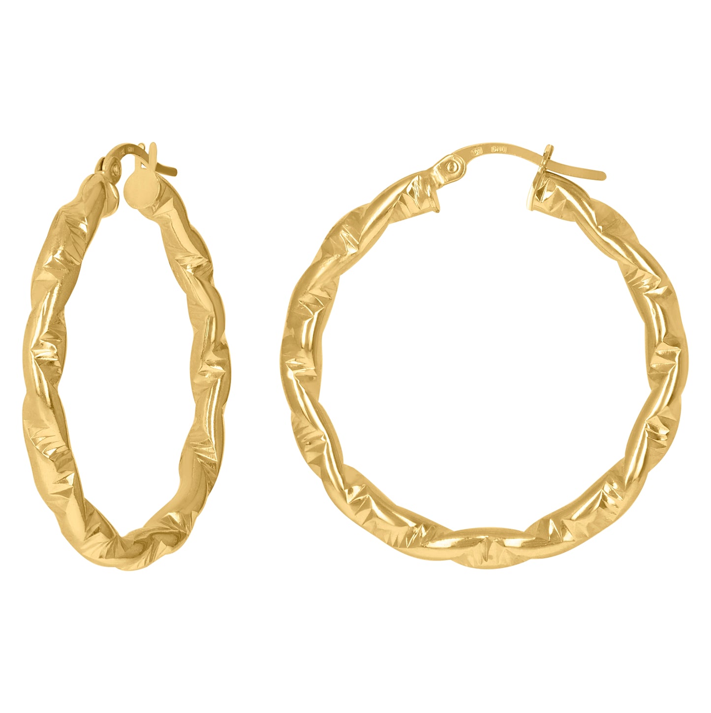 10K Yellow Gold Womens Twisted Tube Diamond-cut Brushed Hinged Hoops Huggies