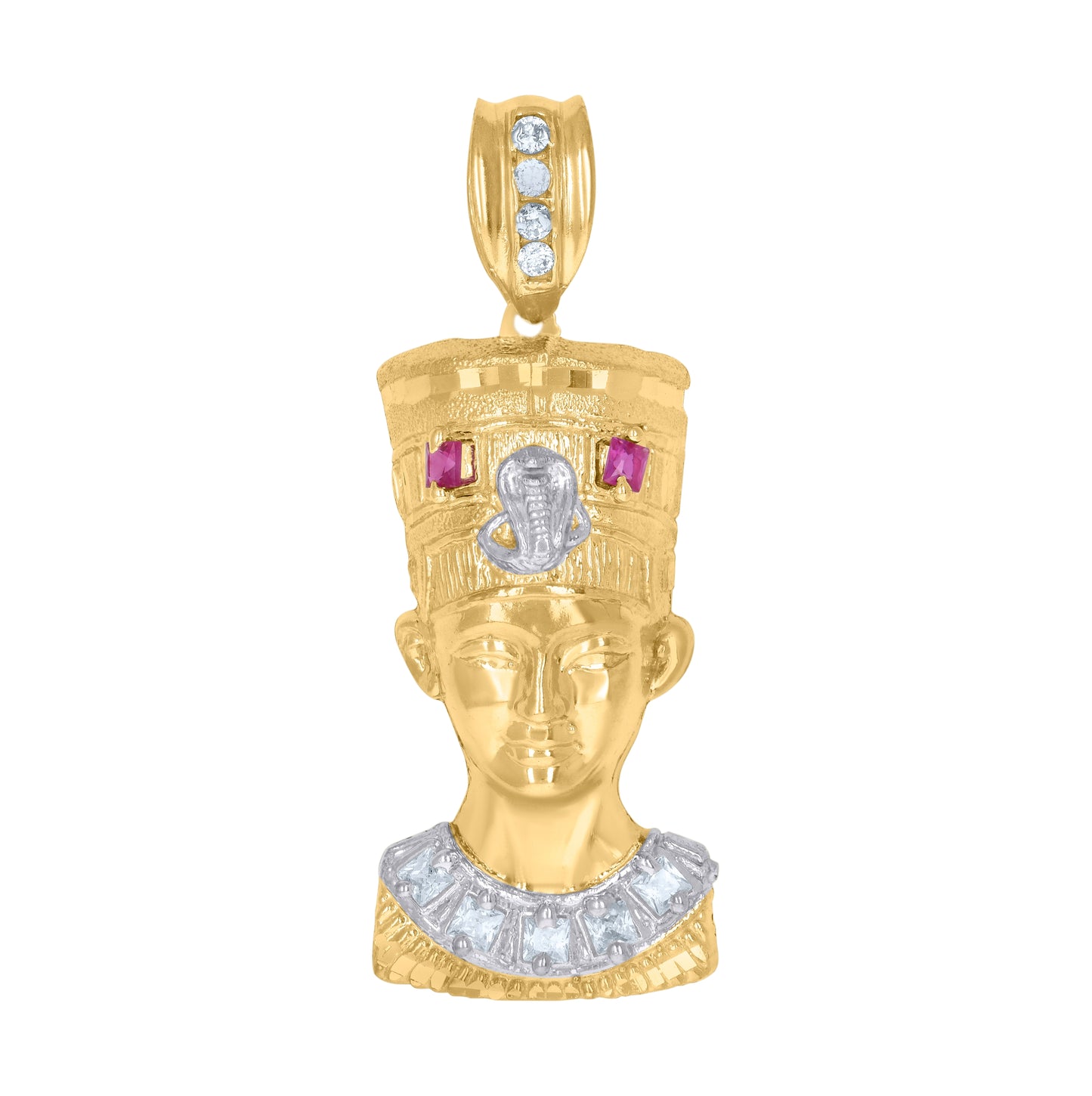10K Two-Tone Gold Mens White Pink Cubic Zirconia Nefertiti Egyptian Charm Pendant
