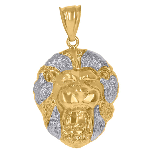 10K Gold Two-Tone Diamond-Cut Mens Zodiac Sign Leo Lion Head Charm Pendant