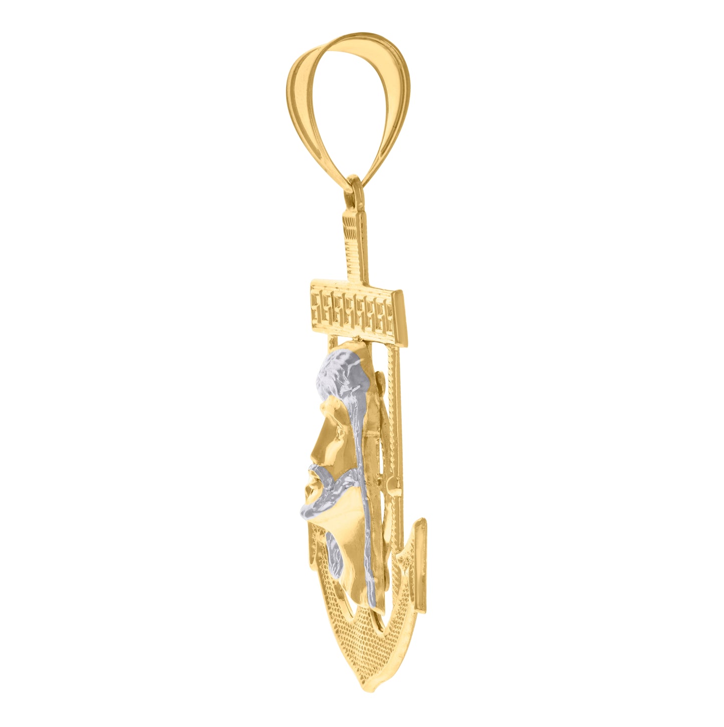 10K Two-Tone Gold Mens Women Textured Jesus Face Religious Anchor Charm Pendant