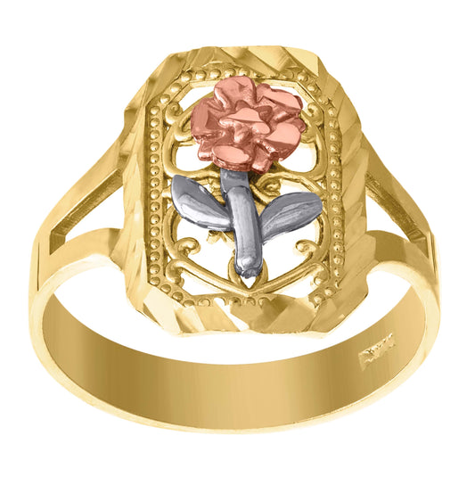 14K Gold Womens Tri-Color Diamond Cut Flower Square Ring Band