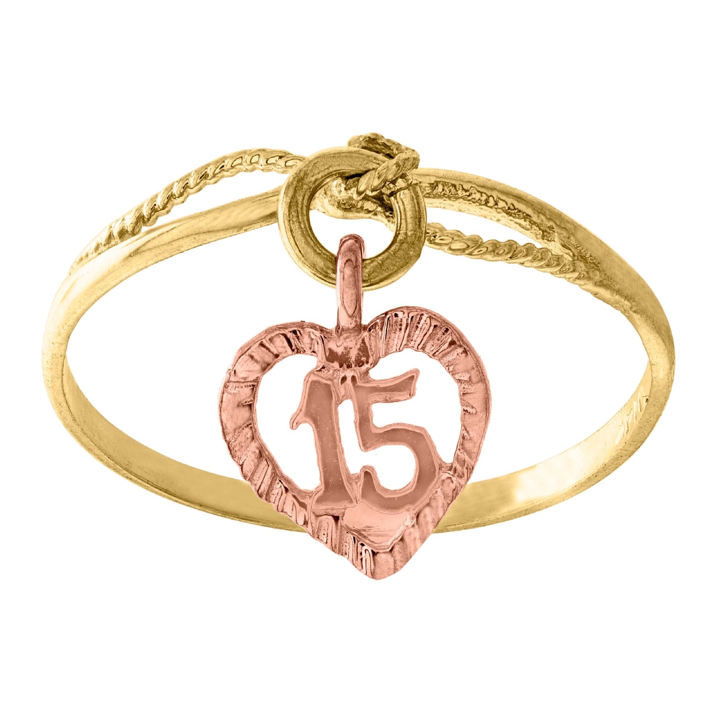 14K Gold Womens Two-Tone Diamond Cut 15 Anos Heart Quinceanera Ring Band