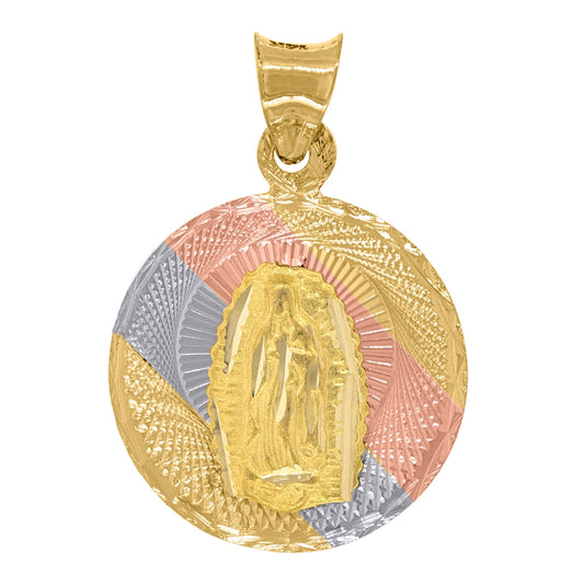 14K Tri-Color Gold Unisex Diamond Cut Textured Lady Of Guadalupe Religious Charm Pendant