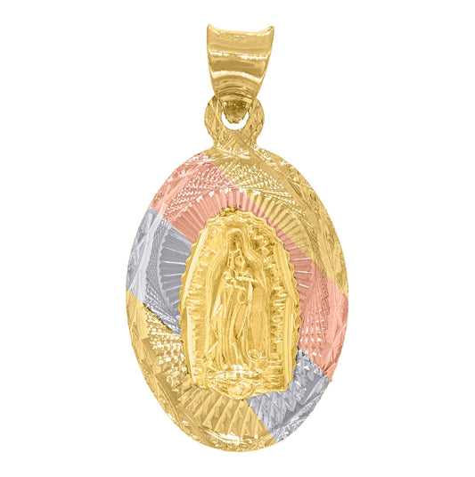14K Tri-Color Gold Unisex Diamond Cut Textured Lady Of Guadalupe Religious Charm Pendant