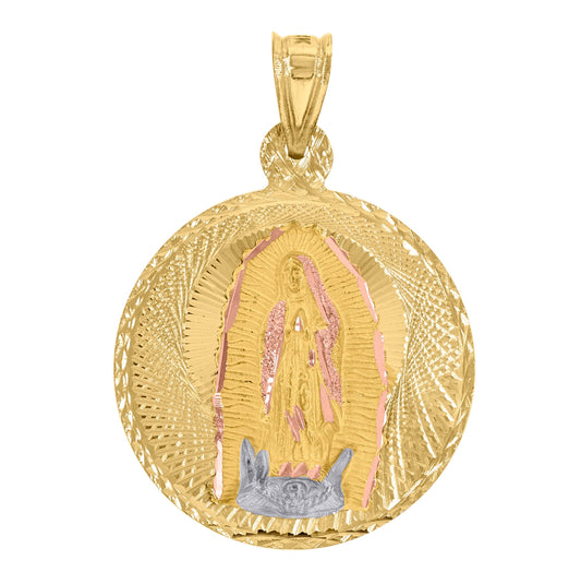 14K Tri-Color Gold Unisex Diamond Cut Textured Lady Of Guadalupe Religious Charm Pendant