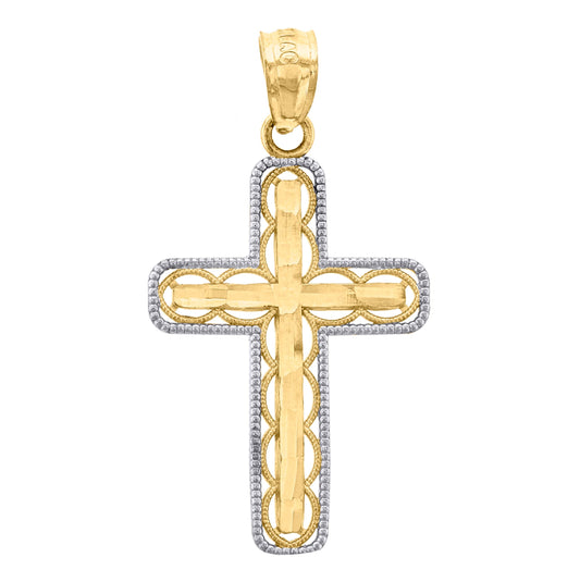 14K Gold Unisex Two-Tone Diamond-Cut Cross Religious Charm Pendant