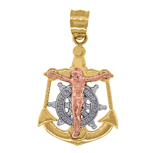 14K Gold Unisex Tri-Color Crucifix Anchor Religious Charm Pendant