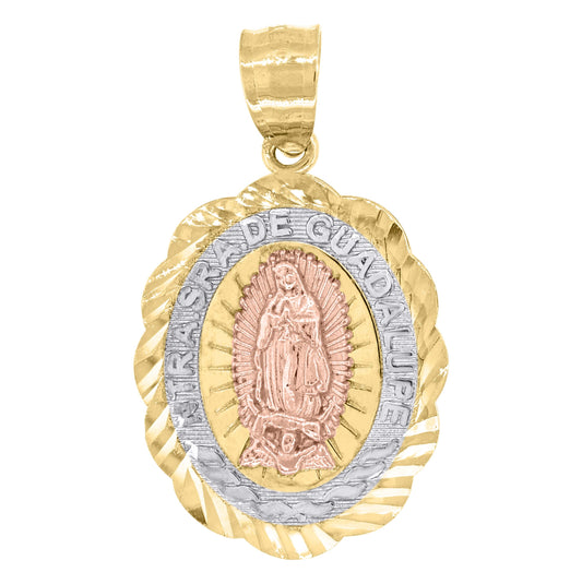 14K Gold Unisex Tri-Color Diamond Cut Our Lady Of Guadalupe Oval Religious Charm Pendant