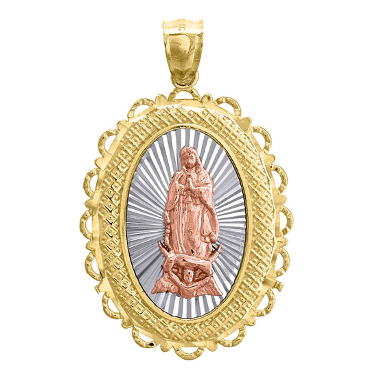 14K Gold Unisex Tri-Color Diamond Cut Mary Nugget Oval Religious Charm Pendant