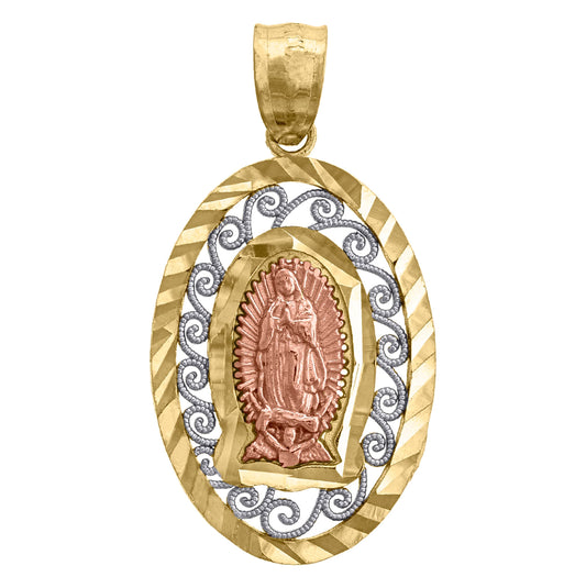 14K Gold Unisex Tri-Color Diamond Cut Mary Oval Religious Charm Pendant