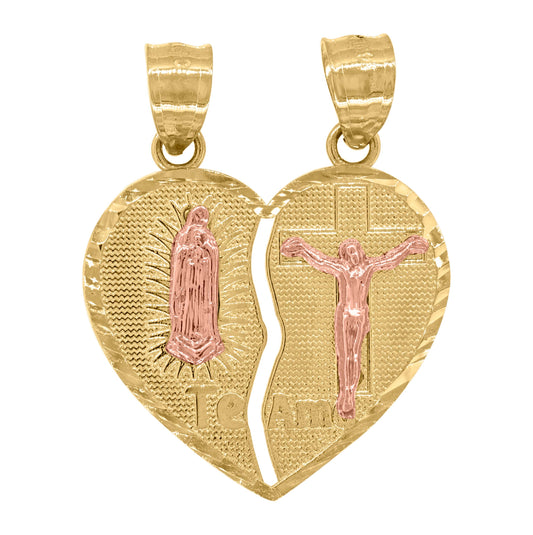 14K Gold Womens Two-Tone Diamond Cut Broken Heart Te Amo Guadalupe Jesus Religious Charm Pendant