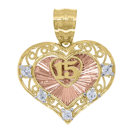 14K Gold Womens Tri-Color Cubic-Zirconia Heart 15 Anos Quinceanera Charm Pendant