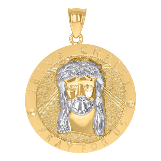 10K Two-Tone Gold Mens Women Jesus Christ Pray For Us Religious Medallion Charm Pendant