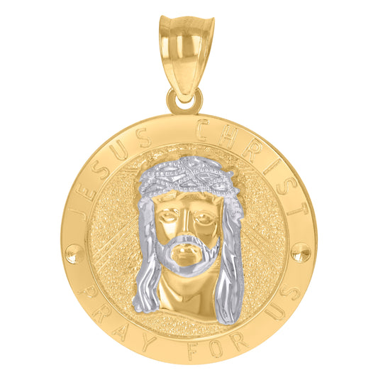 10K Gold Two-Tone Unisex Jesus Christ Pray For Us Religious Medallion Pendant