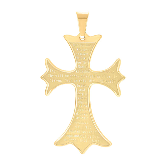 Stainless Steel Yellow-tone Mens English Bible Lords Prayer Cross Religious Charm Pendant-34x50mm