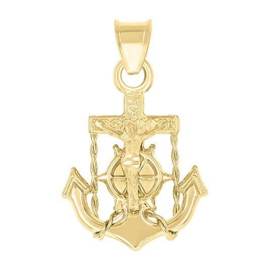 14K Yellow Gold Mens Diamond Cut Textured Anchor Crucifix Cross Charm Pendant