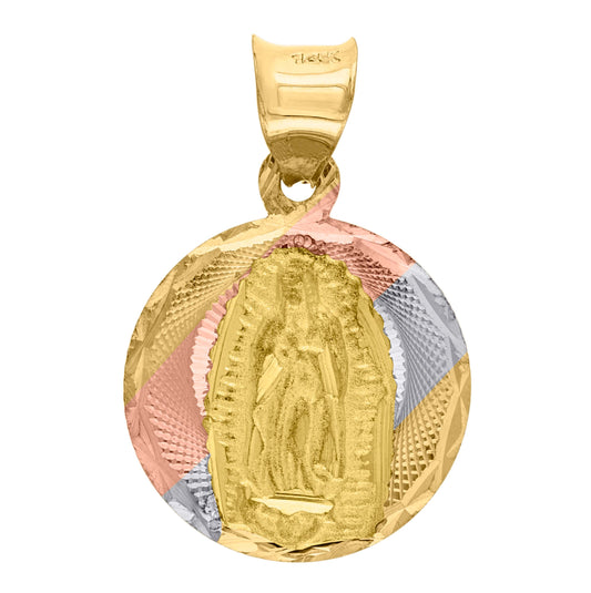 14K Tri-Color Gold Unisex Diamond Cut Textured Lady Of Guadalupe Religious Charm Pendant