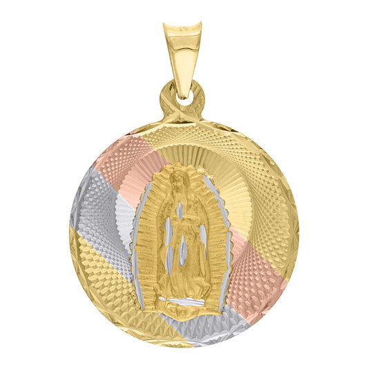 14K Tri-Color Gold Unisex Diamond Cut Textured Lady Of Guadalupe Religious Charm Pendant