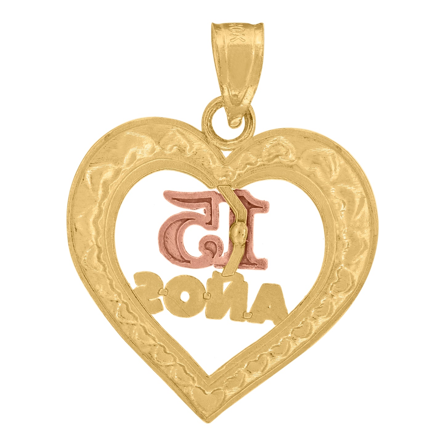10K Two-Tone Gold Womens Diamond-Cut Textured 15 Anos Heart Charm Pendant