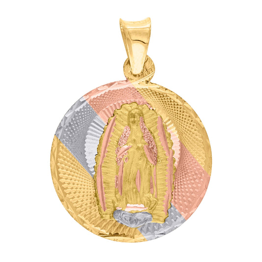 14K Tri-Color Gold Unisex Diamond Cut Textured Lady Of Guadalupe Religious Charm Pendant