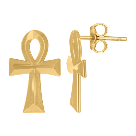 10K Yellow Gold Womens Polished Finish Ankh Cross Religious Stud Earrings